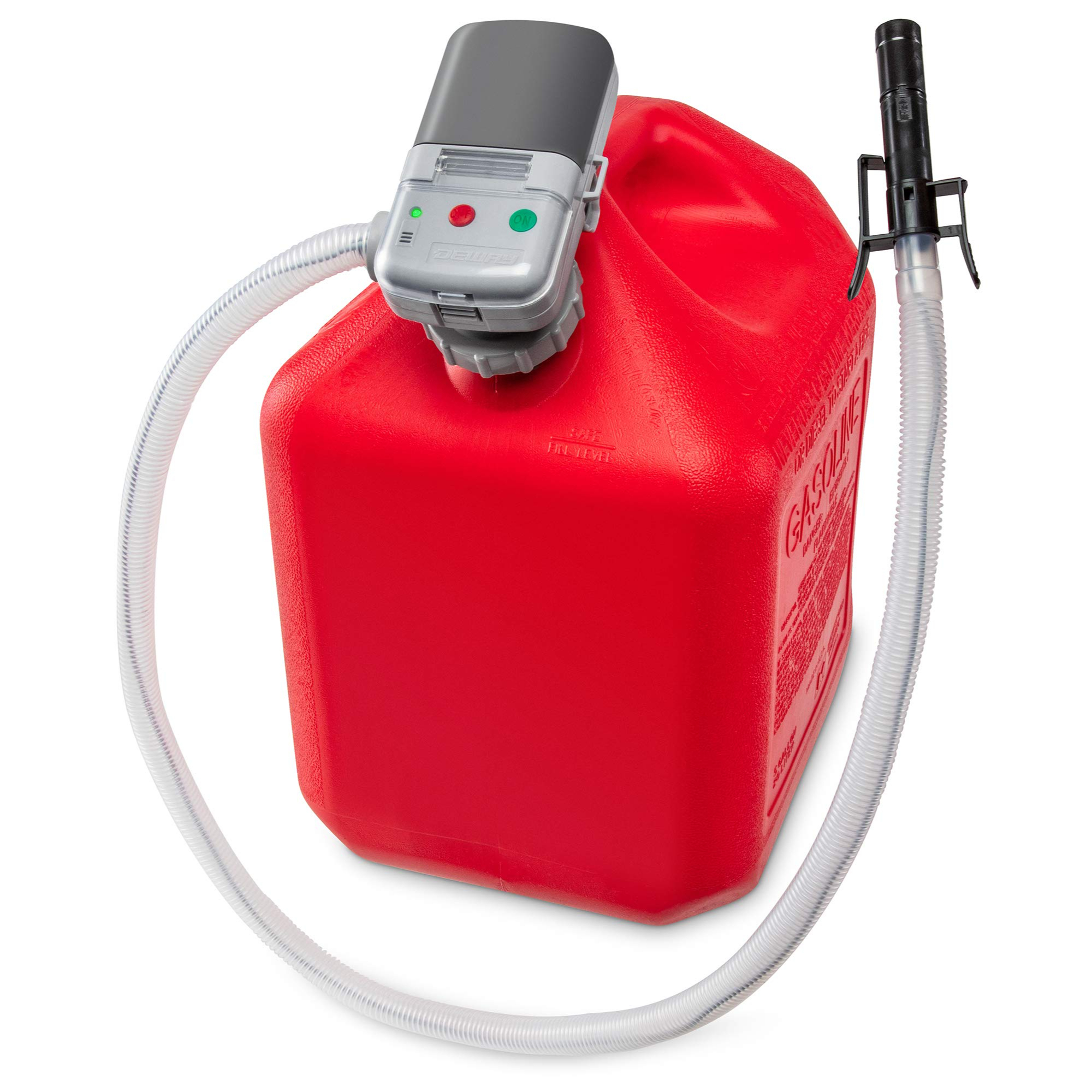 Deway Automatic Fuel Transfer Pump with Auto-Stop — AA Battery Powered, Long Hose, Fits All Size Cans, Model# WAYPUMP10